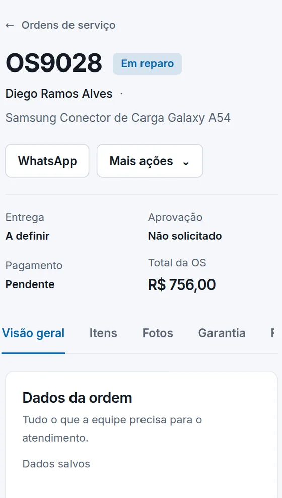 Ordem de serviço aberta no iProCloud pelo celular